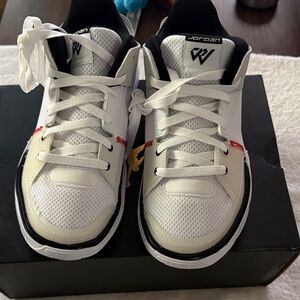 Jordan Kids' White, Black, and Red Sneakers